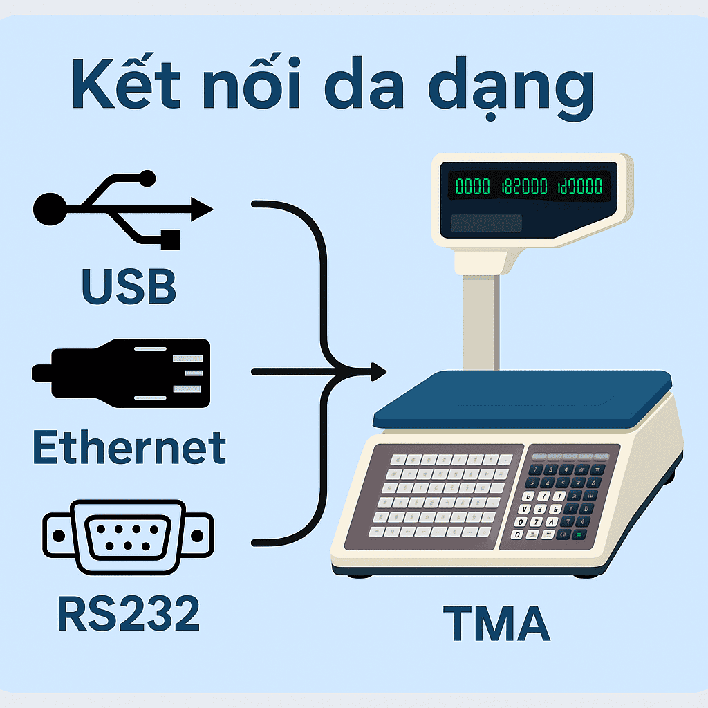 Cân điện tử kết nối đa dạng qua USB, Ethernet, RS232, phù hợp cho các ứng dụng thương mại và công nghiệp. Dễ dàng tích hợp và vận hành chính xác, là giải pháp cân thương mại hàng đầu.